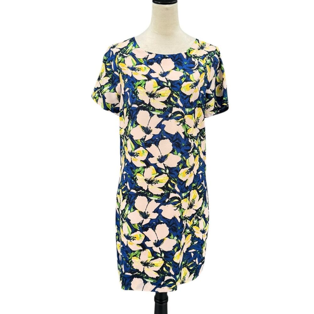 J. Crew Blue Blush Bold Floral Print Matte Satin Short Sleeve Career Shift Dress